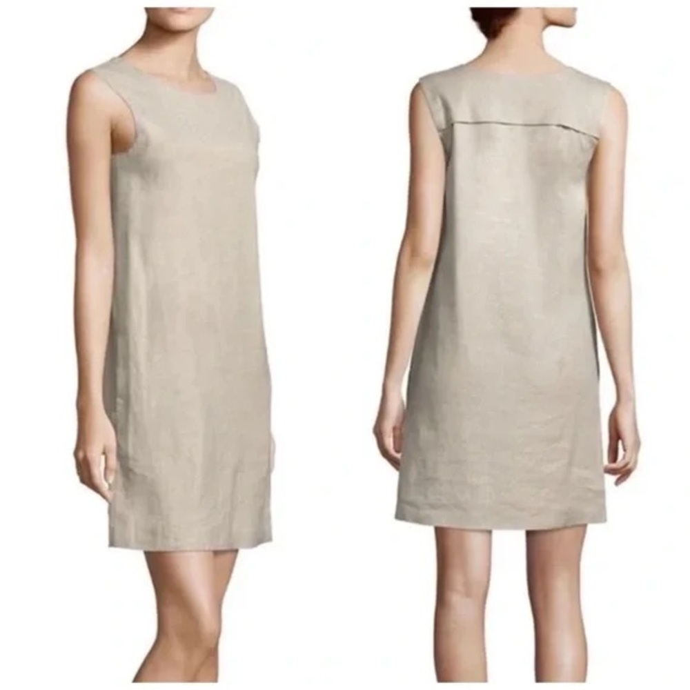 Theory Didianne Tierra Wash Linen Blend Sleeveless Shift Dress Beige Tan Size 6
